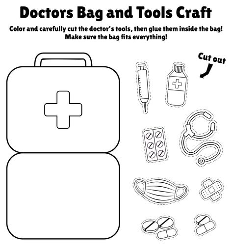 Doctors Bag And Tools Craft Printable Activity First Aid Kit Craft For Preschool, Doctors Kit Preschool Craft, Dr Bag Craft Preschool, Doctor Art And Craft Preschool, Doctors Bag Craft Preschool, Hospital Theme Preschool Activities, Doctor Play Printables, Tools Coloring Pages Free Printable, Doctor Bag Craft Preschool