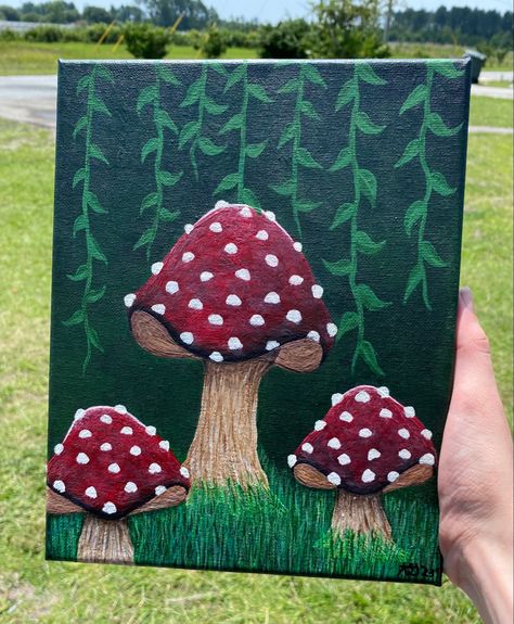 Acrylic paint. 8x10 canvas all my painting are available to buy! Find me on Instagram-artofashleyscreations Painting Ideas On Canvas Cottagecore, Mini Canvas Mushroom Painting, Mushrooms Painting Ideas, Cottage Core Painting Ideas Easy, 8x10 Painting Canvas Ideas, Woods Painting Easy, Small Mushroom Painting, Mushroom Painting Easy, Easy Forest Painting