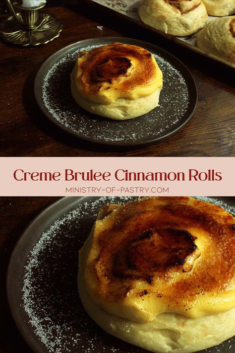 Take your cinnamon roll game to a whole new level with these fluffy cinnamon rolls topped with creamy custard and a crisp bruleed sugar top Non Cinnamon Rolls, Creme Brulee Rolls, Creme Brulee Pastry, Cafe Food Recipes Ideas, Creme Brulee Cinnamon Rolls, Brunch Cinnamon Rolls, Cinnamon Roll Aesthetic, Custard Rolls, Brioche Cinnamon Rolls