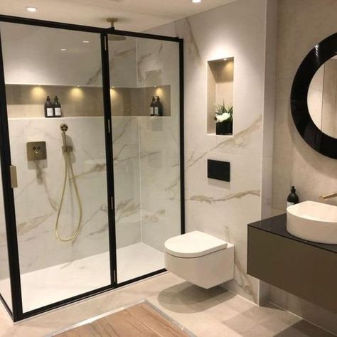 Bathroom Brushed Brass Fixtures, Matt Gold Bathroom Fixtures, Gold Detail Bathroom, Brushed Brass Bathrooms, Walk In Shower With Gold Fixtures, Bathroom Full Tile Walls, Modern En Suite Bathroom, Bronze Bathroom Tiles, Gold And White Marble Bathroom