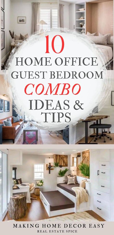 Be inspired by these guest room home office combo ideas. Here you'll find innovative ways to transform a room into a guest bedroom home office combo. Breathe new life into this hybrid room with these ideas and tips! #GuestBedroomOfficeCombo . . #GuestBedroomHomeOffice #GuestRoom #HomeOffice #GuestBedroomHomeOfficeCombo via @https://www.pinterest.com/realestatespice/_created/ Guest Room Combo Ideas, Office Guest Bedroom Combo, Office Guest Room Combo Ideas, Guest Bedroom Office Combo, Bedroom Home Office Ideas, Small Bedroom Office, Guest Room Combo, Spare Room Office, Bedroom Office Combo