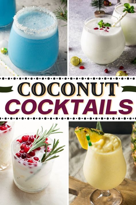 Take a virtual trip to the islands with these coconut cocktails! From margaritas to mojitos to rum punch, all of these drinks are incredible! Coconut Water Drinks Alcohol, Coconut Cream Alcoholic Drinks, Cocktails With Cream Of Coconut, Cream Of Coconut Cocktail Recipes, Ciroc Coconut Vodka Recipes, Coconut Cream Margarita, Coco Real Cream Of Coconut Drink Recipes, Coconut Rum Cocktail Recipes, Cocktails With Coconut Cream