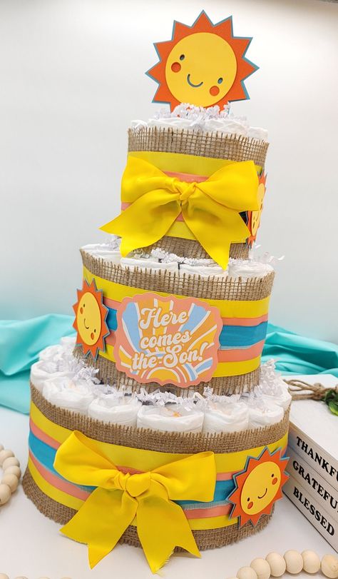 Here Comes The Son Shower Decor, Baby Shower Themes For Boys Summer, Here Comes The Sun Diaper Cake, Here Comes The Son Theme, Here Comes The Son Diaper Cake, My Little Sunshine Baby Shower Ideas, Boy Baby Shower Here Comes The Son, Boy Baby Shower Themes Summer, Sunset Baby Shower Theme