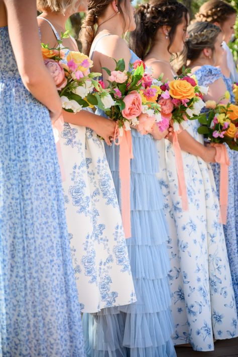 Mismatched Bridesmaid Dresses Blue, Chinoiserie Wedding, Blue Bridesmaids Dresses, Bhldn Bridesmaid Dresses, Bhldn Bridesmaid, 2025 Wedding, Floral Bridesmaid Dresses, Wedding Movies, Floral Bridesmaid