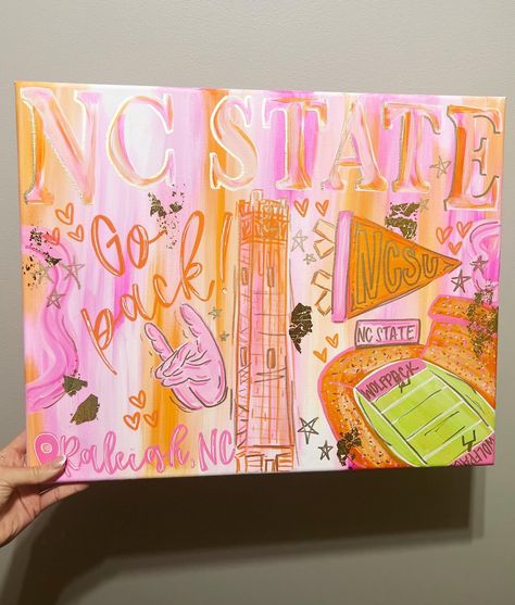 NC STATE CUSTOM🩷🐺🧡 • • #designsbyyyc #smallbuisness #smallbusinessowner #smallbusinesssupport #painting #ncstate #wolfpack #wolfpack🐺 #ncstatebasketball #ncstatefootball #ncstatepainting #paintingoftheday #art Nc State Painting, College Paintings, College Canvas Art, Dorm Paintings, Dorm Themes, College Canvas, Paint Collage, State Decor, Dorm Room Styles