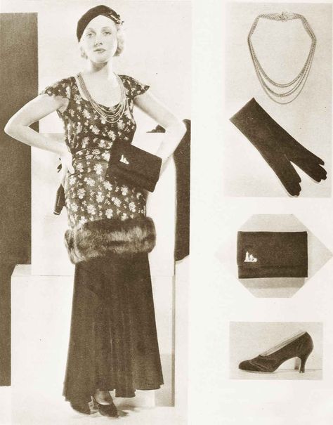 1930s-Fashion---A-Study-in-Accessories---Supper-Ensemble Leila Hyams, 30’s Fashion, Long Black Gloves, Lace Oxfords, 1930 Fashion, Pretty Blonde, Fashion 1940s, Jean Harlow, Ankle Length Skirt