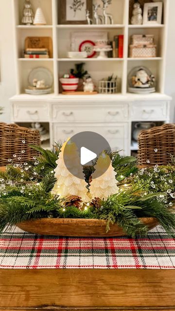 Jenny Brooks • Bloom Interior Designs on Instagram: "Christmas centerpiece!🎄✨ I can’t link my cherished great grandmother’s dough bowl, but I can share everything else you need to make this beauty! The minute I saw these gorgeous @luminaraworldwide flameless candle trees, I fell in love. They come in white & green. I have both thanks to my mom giving me the green ones for my birthday last month. 🥳 ✨ Use promo code JENNYBROOKS10 to get 10% off @luminaraworldwide Check my @shop.ltk link to shop all the stems I used from my fave faux floral store @housebyjsd #centerpiecesideas #holidaycenterpiece #luminara #holidaytable #christmasdecor #doughbowl #centerpiecedecor #christmasinspiration" Christmas Dough Bowls Centerpieces, Decorating Dough Bowls For Christmas, Bread Bowl Christmas Centerpiece, Wood Bowl Centerpiece Christmas, Bread Bowl Decor Centerpieces Christmas, Large Dough Bowl Decor Ideas, Christmas Greenery Centerpiece, Dough Bowl Christmas Decor, Winter Vase Filler Ideas