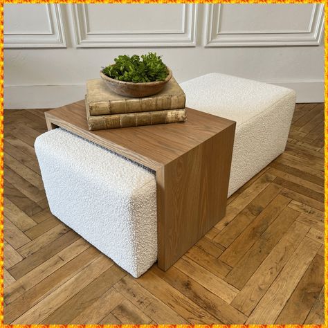 [AffiliateLink] Custom Boucle Cube Ottoman With White Oak Waterfall Table For Sale At 1Stdibs #overottomancoffeetable Ottoman Table Top, Waterfall Ottoman, Waterfall Table, Cube Furniture, White Ottoman, Couch With Ottoman, Small Ottoman, Sliding Table, Latest Living Room Designs