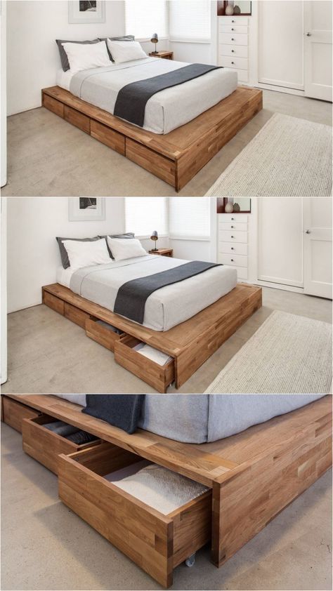 Industrial Style Bedroom, Minimalist Dekor, Diy Platform Bed, Bed Platform, Bilik Tidur, Farmhouse Bedding, घर की सजावट, Storage Bed, Diy Bed