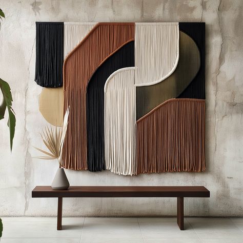 Earthy Elegance: Woven Whimsy wall art piece, featuring captivating abstract shapes in rich earth tones ... Diy Macrame Wall Art, Fringe Decorations, Rich Earth Tones, Wall Art Piece, Wall Macrame, Minimalistic Decor, Earthy Elegance, Earth Tone Wall Art, Modern Wall Hanging