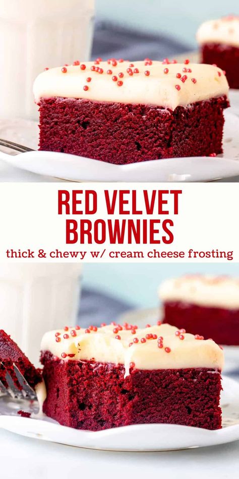 These red velvet brownies are chewy and fudgy with a delicious red velvet flavor and beautiful deep red color. They have a hint of cocoa powder - just like your favorite red velvet cake. Fill them with white chocolate chips or top with cream cheese frosting for the perfect red velvet treat. #redvelvet #brownies #redvelvetbrownies #creamcheesefrosting #recipe from Just So Tasty Red Velvet Squares, Vegan Red Velvet Brownies, Brownies With White Frosting, Foods That Are Red In Color, Different Types Of Brownies, Red Velvet Brownies From Box Cake Mixes, Blue Velvet Brownies, Creamcheesefrosting Recipe, Redvelvet Brownies