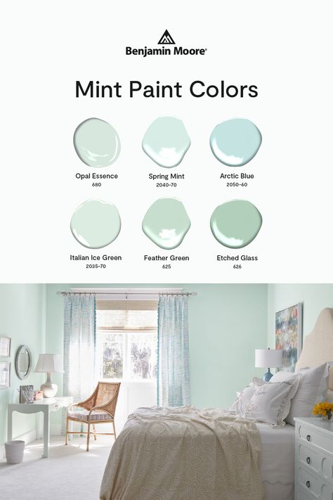 Check out these spring-ready hues that will feel "mint" to be. Cream And Mint Bedroom, Mint Green Color Palette Bedroom, Mint Green Paint Walls Bedrooms, Mint Blue Bedroom Ideas, Mint Color Room Ideas, Light Seafoam Walls Paint Colors, Muted Mint Paint Color, Pale Mint Paint Color, Benjamin Moore Mint Green Paint Colors