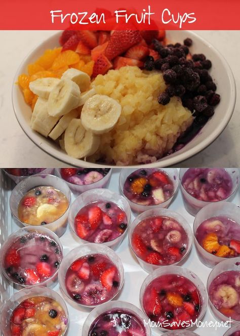 Frozen Fruit Cups, Frozen Fruit Snacks, Fruits Recipes, Vbs Snacks, Salad Cups, Frozen Fruit Recipes, Fruit Desserts Easy, Yogurt Snacks, Fruit Creations