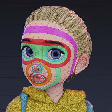 Disney Topology, Retopology Face, Face Turnaround, Girls Cartoon Face, Head Topology, Character Topology, Face Topology, Cute Girl Cartoon, 3d Topology