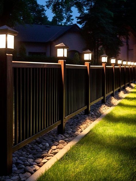 Fence With Solar Lights, Fence Design With Lights, Small Yard Lighting Ideas, Solar Caps For Fence Posts, Fence Post Solar Lights, Lights On Aluminum Fence, Solar Lights Front Porch, Diy Fence Lighting Ideas, Solar Fence Post Lights