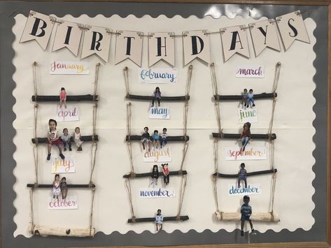 Cricut Classroom Birthday Board, Birthday Wall Ideas For Classroom Reggio, Simple Birthday Display Classroom, Displaying Birthdays In The Classroom, Kindergarten Birthday Display, Birthday Wall For Preschool Classroom, Preschool Birthday Calendar, Farmhouse Birthday Bulletin Board, Birthday Wall In Kindergarten