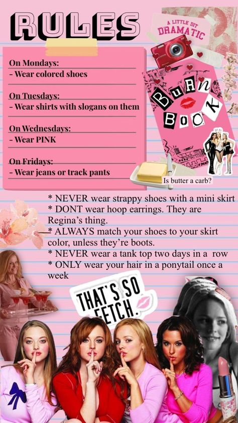 Plastics Aesthetic, Girly Scrapbook, Mean Girls Party, Mean Girls Aesthetic, The Plastics, Girly Movies, Pretty Journals, Fun Sleepover Ideas, Sleepover Things To Do