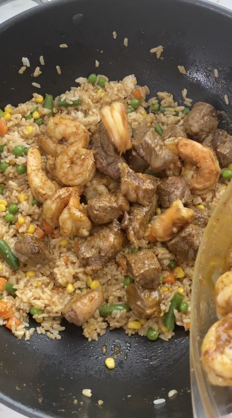 Surf And Turf Hibachi Burrito, Fried Rice With Steak, Steak And Shrimp Fried Rice Recipe, Surf And Turf Fried Rice, Steak And Shrimp Fried Rice, Fried Fish Meals, Chicken And Shrimp Rice, Surf And Turf Recipes, Sauced Up Foods