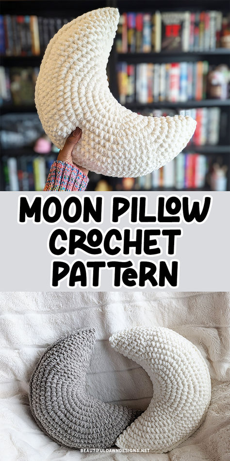 If you're looking for a free and easy crochet pattern, try this moon pillow crochet pattern. This pillow can be made in just about an hour and it makes a great gfit for the holidays, birthdays, and more. Crochet Blanket Yarn Pillow, Crochet Moon Blanket Pattern Free, Crochet Travel Neck Pillow Free Pattern, Parfait Yarn Crochet Patterns, Crochet Cute Pillow Free Pattern, Blanket Yarn Pillow Crochet Pattern, Easy Crochet Gifts Free Pattern, Neck Pillow Crochet Pattern Free, Baby Pillow Crochet