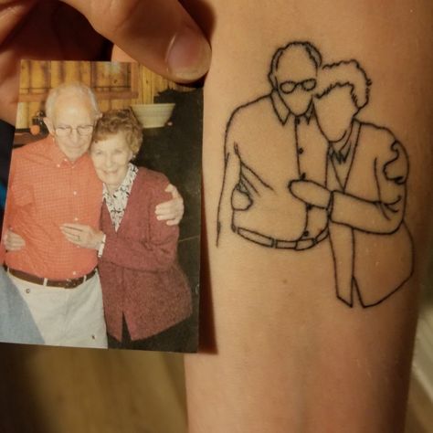 Tattoo Of Grandparents In Memory Of, Great Grandparents Tattoo, Grandma And Grandad Tattoos, Tattoos Idea For Parents, Great Grandparent Tattoos, One Line Portrait Tattoo, Tattoo For My Grandparents, Tattoos For Great Grandparents, Grand Parent Tattoo