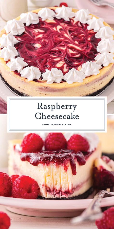 In this EASY Raspberry Cheesecake, drizzles of sweet raspberry sauce mingle beautifully with the velvety, sweet, and subtly tangy cheesecake! Raspberry Sauce For Cheesecake, Raspberry Cheesecake Recipes, Easy Raspberry Cheesecake, Beautiful Cheesecake, Raspberry No Bake Cheesecake, Raspberry Swirl Cheesecake, Mouthwatering Desserts, Fabulous Desserts, Cheesecake Bites Recipe