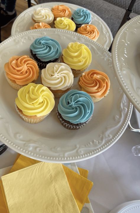 Here Comes The Sun Cupcakes, Here Comes The Son Cupcakes, Sun Themed Food, Baby Boy Sprinkle, Here Comes The Son, Warm Color Palette, Baby Shower Table Decorations, Sunshine Baby Showers, Baby Shower Treats