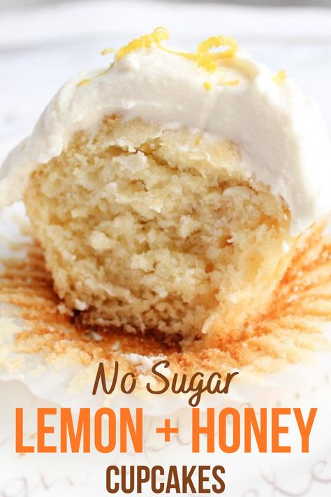 These lemon cupcakes are really special!  Sweetened with honey instead of sugar, these small cakes pack a big flavour punch.  Click for the recipe! Muffins Sweetened With Honey, Lemon Honey Cupcakes, Desserts Using Honey Or Maple Syrup, Cake Sweetened With Honey, Honey Sweetened Muffins, Healthy Lemon Cupcakes, Foods With Honey, Recipes Made With Honey, Honey Sweetened Cake