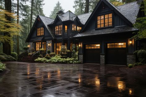 Darker exteriors, such as deep grays, navy blues, and even black, are gaining popularity. These colors can add a touch of modernity and sophistication to the architectural design. Charcoal Navy House Exterior, Black Painted Brick House Exterior, Farmhouse Dark Exterior, Moody Farmhouse Exterior, Black And Stone House Exterior, Navy Exterior House, Black Painted House, Black Houses Exterior, Dark Blue Exterior House Colors