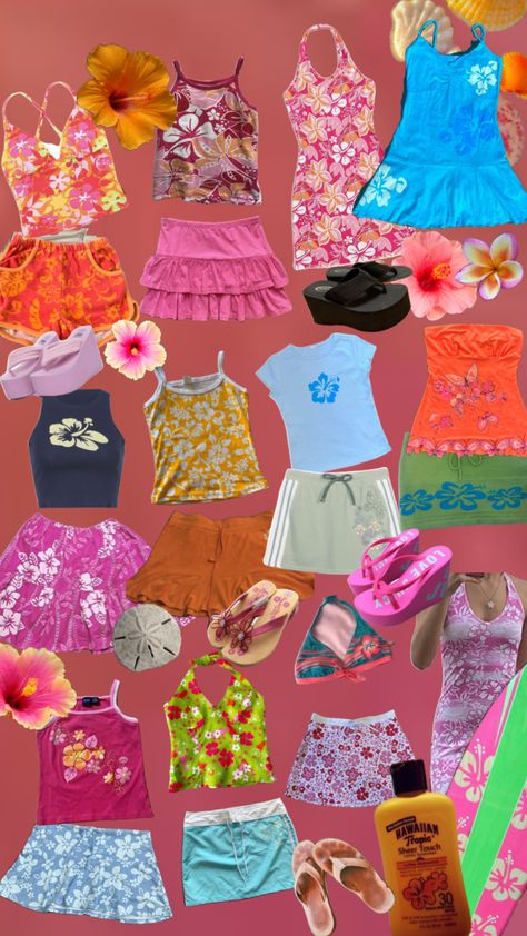 #surfergirl #hibiscus #y2k #clothes #outfits #outfit #clothing #fashion Tropical Inspo Outfit, Hawaii Outfits Y2k, Surfer Inspired Outfits, Tropical Outfits For School, Tropical Themed Outfit, Hawaiian Clothes Aesthetic, Hawaiian Fits Aesthetic, Aloha Aesthetic Outfit, Preppy Outfits Y2k