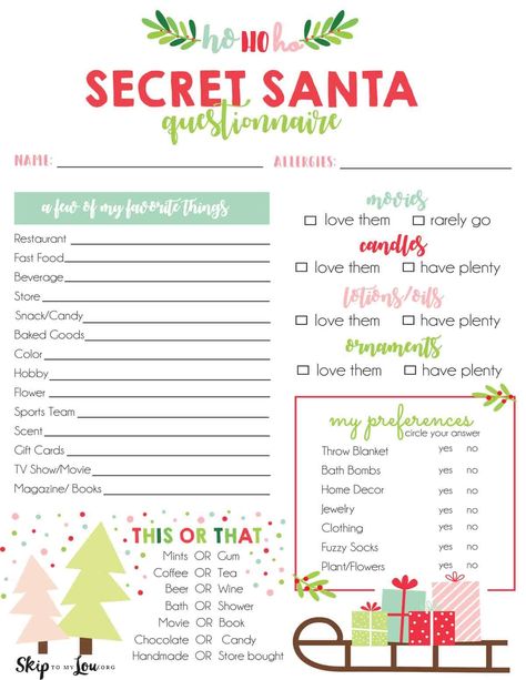 Secret Santa questionnaire Free Secret Santa Questionnaire, Printable Secret Santa Questionnaire, Secret Santa Questions, Secret Santa Templates, Secret Santa Form, Secret Santa List, Santa Questionnaire, Work Secret Santa, Secret Santa Questionnaire