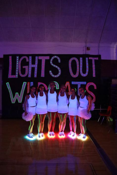 High School Rally Themes, Cheer Pep Rally Outfits, Lights Out Pep Rally, Neon Theme School Dance, Homecoming Assembly Ideas, Glow Pep Rally Signs, Pep Rally High School, Back To School Pep Rally Ideas, Color Wars Pep Rally