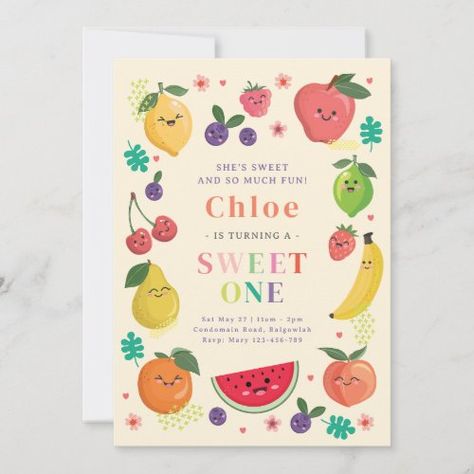 Berry Sweet One Birthday invite for $2.77 - Birthday Invitations First Birthday Fruit Theme, Sweet One Fruit First Birthday, Fruit First Birthday Party, Fruit Themed Birthday Party, 77 Birthday, Dancing Fruit, Sweet One Birthday, 77th Birthday, Fruit Birthday