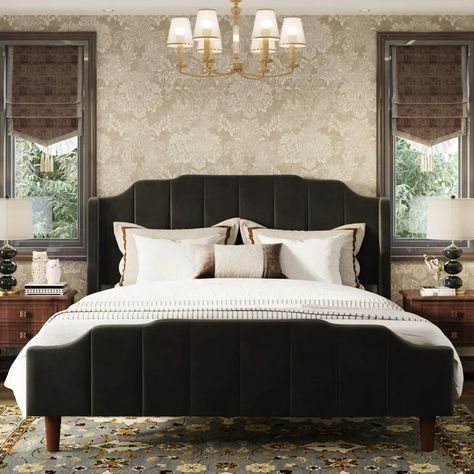 Mercury Row® Teen Allyson Queen Size Modern Curved Upholstered Bed & Reviews | Wayfair Adult Bedroom King Bed, Velvet King Bed Frame, Moody Luxe Living Room, Black King Headboard, Bedding For Black Bed, Grey Velvet Headboard Bedroom Ideas, Bed Frame Inspo Aesthetic, Black Tufted Headboard Bedroom, Moody Nautical Bedroom