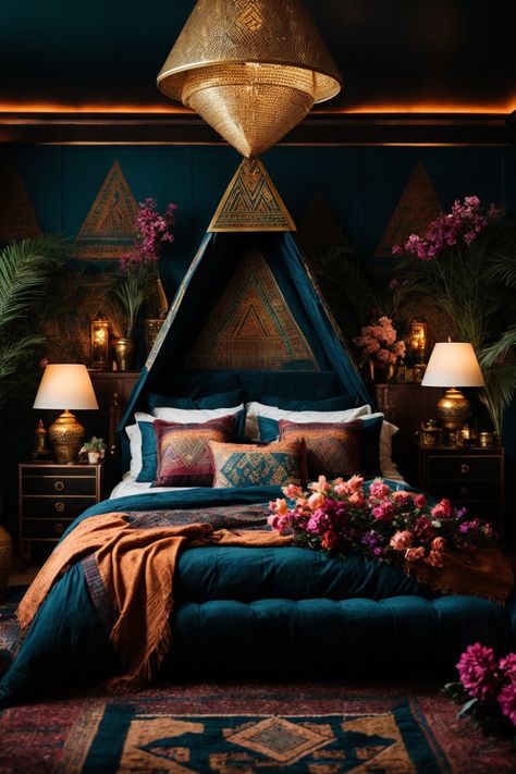 Step into a realm of tranquil opulence with this mesmerizing Egyptian-themed bedroom retreat. The enigmatic jewel-toned blue walls, accentuated by golden triangular patterns reminiscent of the Pyramids, conjure a sense of historical mystique. AThe room is further enchanted by an array of lush indoor plants, exuding an organic vibrancy. Awe-inspiring golden hanging lamps cascade light, reminiscent of a starlit Nile night. Goth Bedroom Ideas, Academia Bedroom, Dark Blue Bedrooms, Goth Bedroom, Boho Bedroom Design, Dark Bedroom, Dark Home Decor, Bed Design Modern, Romantic Bedroom