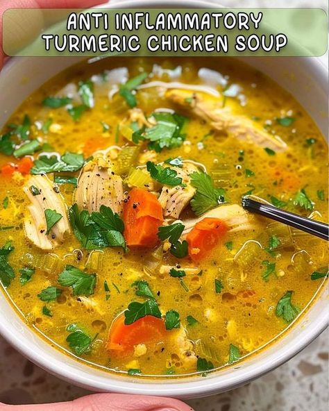 Mediterranean Diet & Recipes For Beginners | ANTI INFLAMMATORY TURMERIC CHICKEN SOUP | Facebook Chicken Turmeric, Turmeric Chicken Soup, Yay Recipes, Pumpkin Alfredo, Vegetable Slow Cooker, Turmeric Chicken, Zucchini Pizza Bites, Facebook Recipes, Inflammatory Recipes