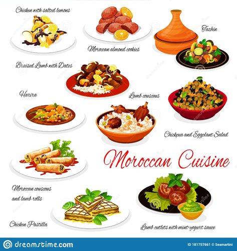 Moroccan food traditional authentic cuisine dishes. Illustration about dish, date, dessert, breakfast, food, almond, eggplant, mint, greenery, maghreb, menu, braised - 181757661 Moroccan Food Traditional, Moroccan Breakfast, Tagine Cooking, Morocco Food, Food Plating Techniques, Moroccan Cooking, Food Traditional, Tagine Recipes, Moroccan Dishes