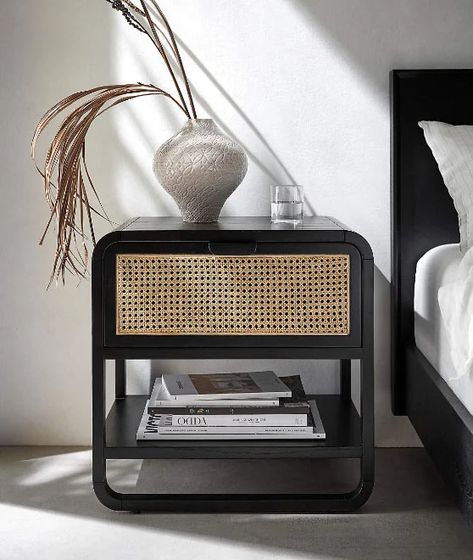 Photo of modern black framed cane nightstand Curved Nightstand, Cane Bedroom, Cane Bedside Tables, Cane Nightstand, Boho Nightstand, Designer Nightstand, Rattan Bedroom, Round Nightstand, Black Bedside Table