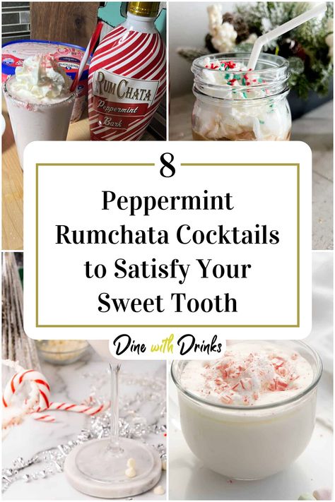 Collage of 4 peppermint rumchata cocktails. Recipes With Rumchata, Peppermint Rumchata Drink, Peppermint Rum Chata Recipes, Rumchata Peppermint Bark Drinks, Peppermint Bark Rumchata Recipes, Rumchata Christmas Drinks, Peppermint Alcoholic Drinks, Peppermint Rumchata Recipes, Drinks With Rumchata