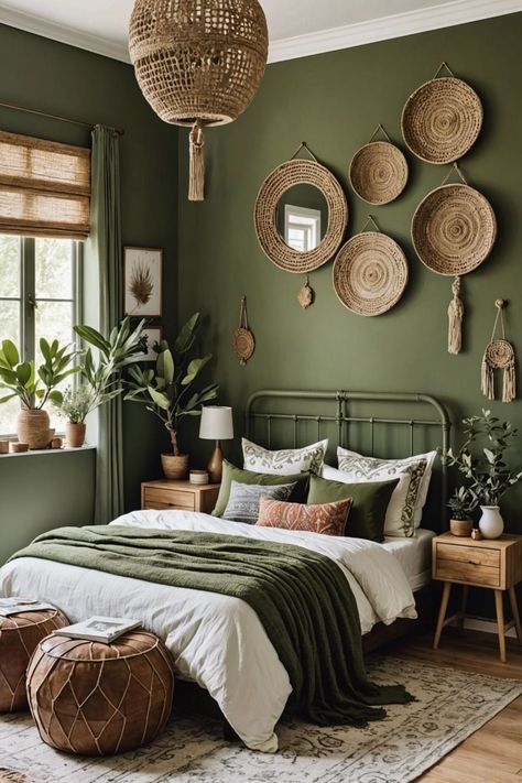 Earthy Green Bedroom Accent Wall, Earthy Bedroom Green Walls, Cozy Earthy Bedroom Aesthetic Vintage, Green And Tan Bedroom, Boho Green Bedroom, Olive Green Room, Green Bedrooms Ideas, Green Walls Bedroom, Olive Green Bedroom Ideas