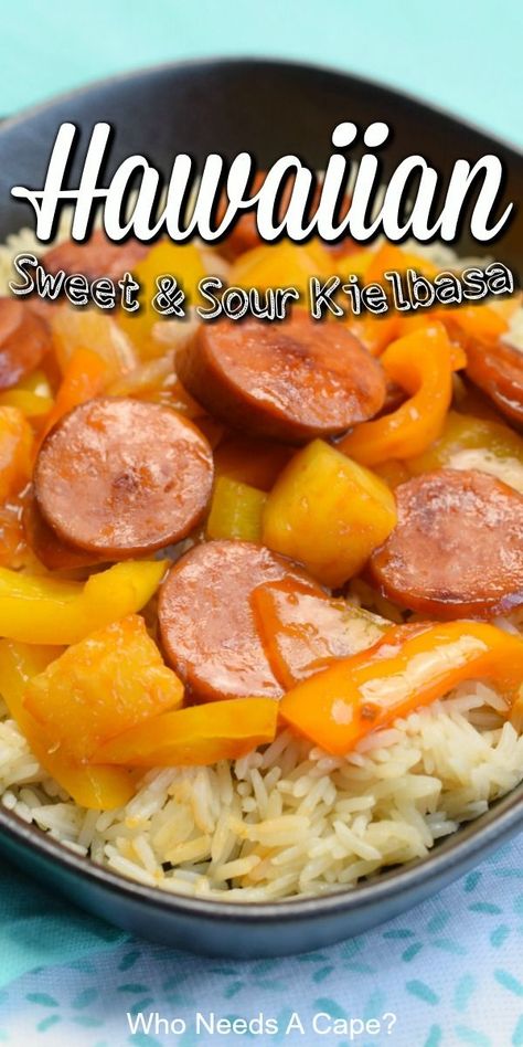 Hawaiian Kielbasa Recipes, Hawaiian Kielbasa, Hawaiian Meals, Sweet And Sour Kielbasa, Hawaiian Recipes, Kielbasa Recipes, Hawaiian Bbq, Cheeseburger Sliders, Garlic Rice