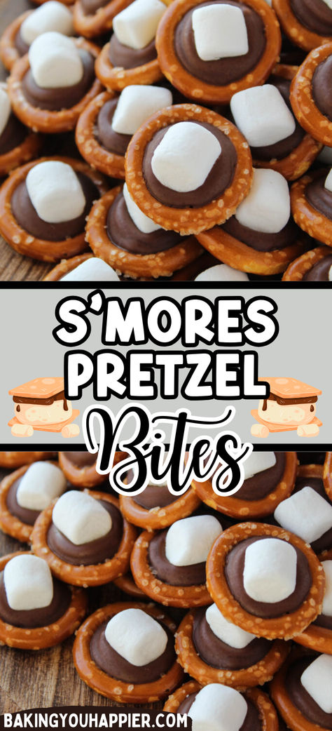 S’mores Pretzel Bites, a fun little 3-ingredient sweet and salty bite size s’mores treat that everyone will love! Pretzel S’mores Bites, Smore Marshmallow Pops, S’mores Pretzels, Easy Dessert To Feed A Crowd, Savory And Sweet Recipes, Coated Pretzels Easy Recipes, Snacks For Large Groups Easy, Sweet Finger Foods Desserts, Circle Pretzel Christmas