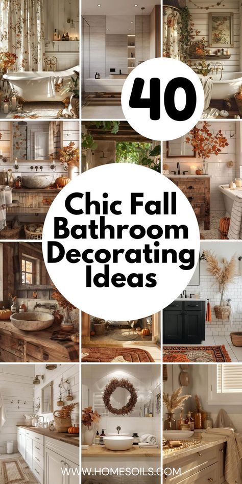 Discover 40 Chic Fall Bathroom Decorating Ideas, featuring warm tones, cozy textures, and stylish accents to create a welcoming and elegant autumn-inspired retreat, perfect for enhancing your bathroom's seasonal charm. Fall Restroom Decor Ideas, August Decorating Ideas Home, Bathroom Fall Decorations, Hobby Lobby Fall Decor Ideas, Hobby Lobby Fall Decor, Fall Bathroom Decor Ideas, Fall Bathroom Decor, Fall Yard Decor, Fall Room Decor