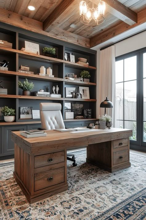 29 Transitional Decor Ideas for Modern Elegance 11 Stained Office Built Ins, Office Old Style, Office With Dark Wood Desk, Office Ideas Wood Paneling, Modern Transitional Home Office, Sleek Home Office Design, All Wood Office, 8x10 Home Office Layout, Office Space Color Palette