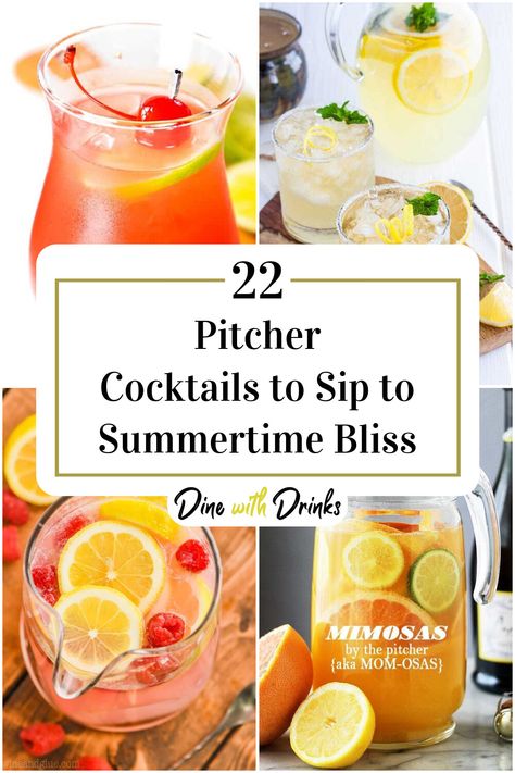 Collage of 4 pitcher cocktails. Pitcher Drinks Alcohol, Summer Pool Party Food, Cocktail Recipes Pitcher, Summer Pitcher Drinks, Pitcher Cocktail Recipes, Summer Pitcher Cocktails, Pool Party Cocktails, Summer Mixed Drinks, Bbq Cocktails