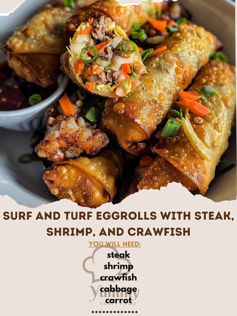 🌊🍖 Combine the best of land and sea with these Surf and Turf Eggrolls! #SurfAndTurfEggrolls #FusionCuisine 🍽️ Surf and Turf Eggrolls with Steak, Shrimp, and Crawfish 🛒 Ingredients: 200 grams steak, finely chopped 100 grams shrimp, chopped 100 grams crawfish, chopped 50 grams cabbage, shredded 30 grams carrot, julienned 10 egg roll wrappers 2 tablespoons soy sauce (30 ml) Salt and pepper to taste Oil for frying 👩‍🍳 Instructions: Prepare Filling: In a bowl, mix steak, shrimp, crawfish, cabb... Shrimp And Crawfish, Egg Roll Wrapper, Shrimp Egg Rolls, Steak Shrimp, Cabbage Carrot, Steak And Shrimp, Egg Roll Wrappers, Gourmet Snacks, Surf And Turf