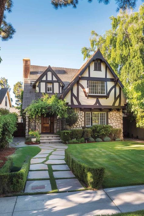 Tudor Style Homes Exterior Color Schemes, Tudor Style Homes Interior, Small Tudor Style Homes, Tudor Aesthetic, Tutor Style Homes, Cottagecore Houses, Dark Cottagecore House, Tudor House Exterior, English Tudor Homes