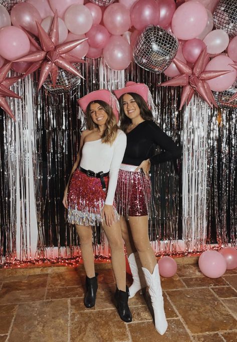 Space Cowgirl 30th Birthday, Disco Rodeo Bachelorette Outfit, Cowgirl Disco Party Outfit, Pink Disco Cowgirl Bachelorette, Cowgirl Outfits Birthday Party, Disco Cowgirl Outfit Birthday Party, Pink Themed Birthday Party Outfits, Disco Cowgirl Bachelorette Party Outfits, Cowboy Disco Outfit