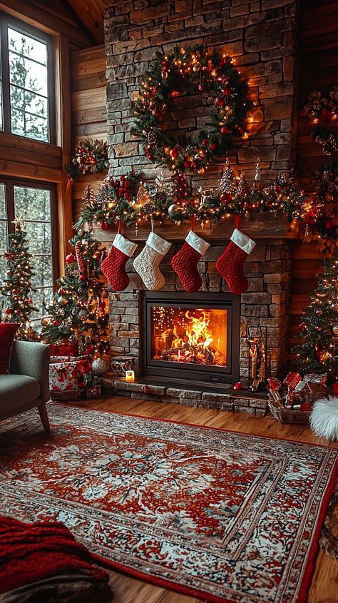 Cabin Christmas Decor, Birch Candles, Christmas Village Sets, Rustic Lanterns, Cabin Christmas, Christmas Mantel Decorations, Christmas Decorations Living Room, Christmas Living Rooms, Christmas Fireplace