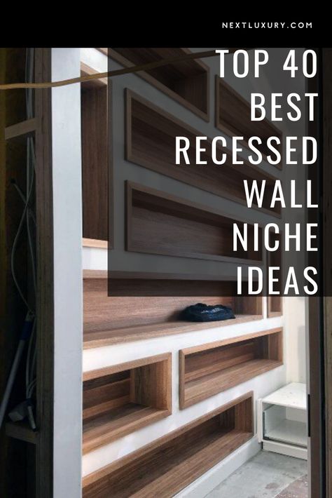 Recessed Area In Living Room, Niche Storage Ideas, Niche In Kitchen Wall, Wall Niche Diy Recessed Shelves, Nook Shelving Ideas, Staircase Niche Ideas, Recess Shelves Living Room, Ideas For Wall Niches, Recessed Shelves In Wall