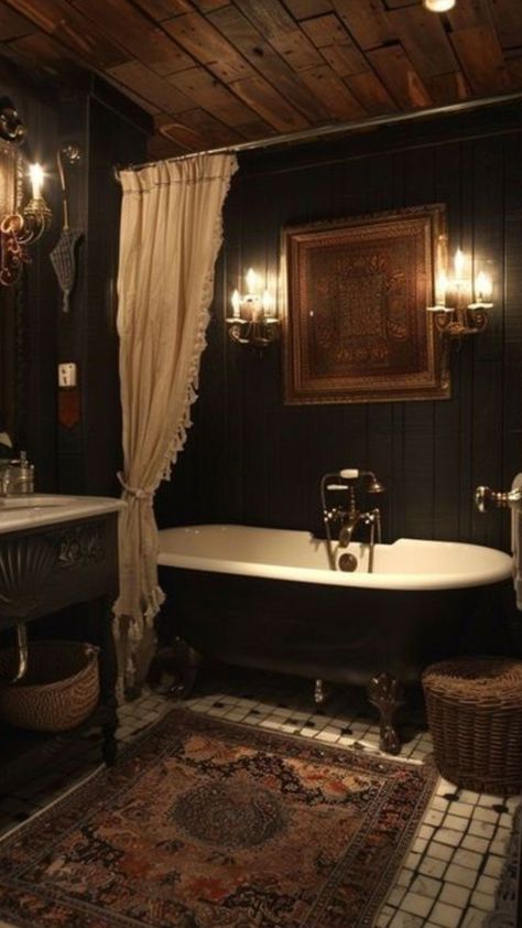 Abandoned Bathroom Aesthetic, 1920s House Interior Design Victorian, Gothic Bathroom Aesthetic, Vintage Gothic Interior, Moody Bathroom Aesthetic, Spooky Bathroom Ideas, Southern Gothic Interior, Dark Cottagecore Bathroom, Hunting Lodge Bathroom